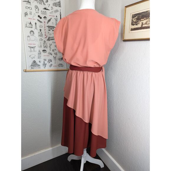 Vintage Draped Wraped Midi Dress Belted Contrasting Peach Maroon Size 12 Grecian - Picture 3 of 9